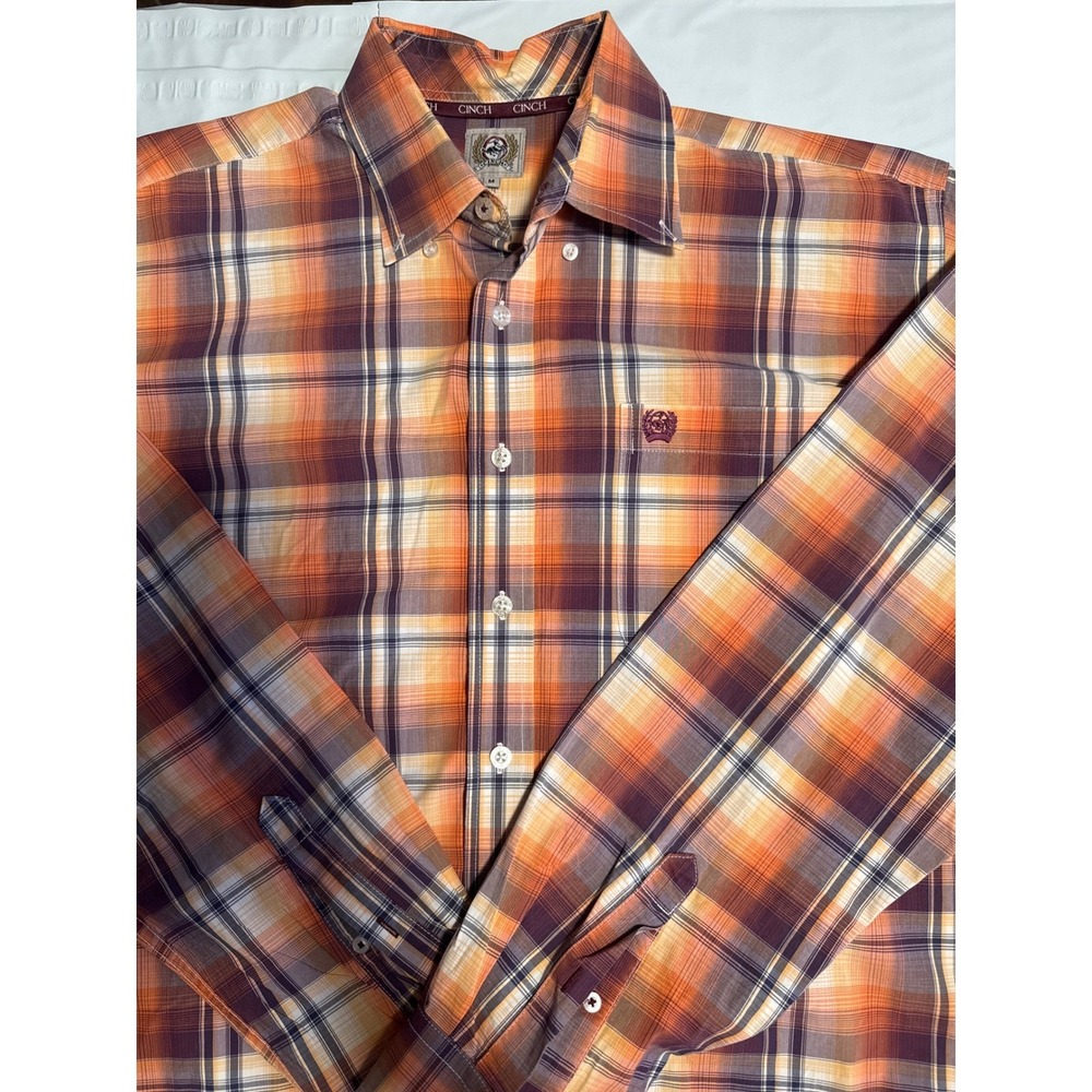 Cinch‎ Men's Button Down Shirt Plaid Western Long Sleeve Orange Purple Medium